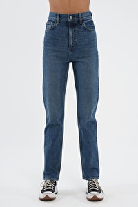 Orta Mavi Yüksek Bel Slim Straight Fit Fermuarlı Jean Pantolon C 4694-006