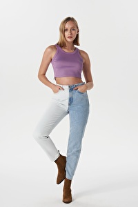 Ariana Açık Mavi İki Renk Yüksek Bel Mom Fit Fermuarlı Jean Pantolon C 4525-071