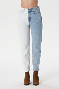 Ariana Açık Mavi İki Renk Yüksek Bel Mom Fit Fermuarlı Jean Pantolon C 4525-071