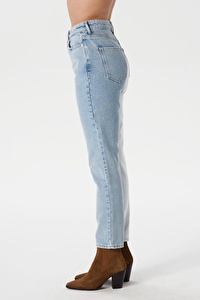 Ariana Açık Mavi İki Renk Yüksek Bel Mom Fit Fermuarlı Jean Pantolon C 4525-071
