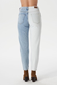 Ariana Açık Mavi İki Renk Yüksek Bel Mom Fit Fermuarlı Jean Pantolon C 4525-071