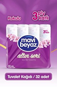Mavi Beyaz Altın Seri 3 Katlı Kokulu Tuvalet Kağıdı 32 Rulo