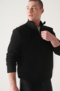 Avva Erkek Siyah Içi Ve Disi Polarli Yarim Fermuarli Dik Yaka Regular Fit Polar Sweatshirt E001068