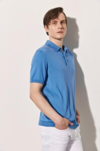 Mavi İpek Pamuk Polo Yaka Kısa Kollu Quentin Erkek Triko Tişört | M