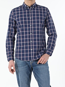 Lacivert Slim Fit Shirt Neck  Erkek Uzun Kol Gömlek