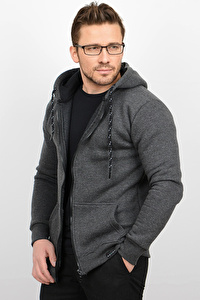 Üç Iplik Şardonlu Pamuklu Fermuarlı Kapüşonlu Sweatshirt Hırka Antrasit CZN03