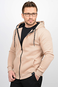 Üç Iplik Şardonlu Pamuklu Fermuarlı Kapüşonlu Sweatshirt Hırka Bej CZN03