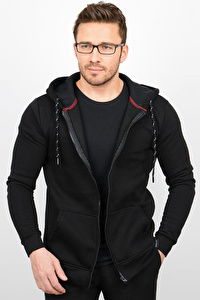 Üç Iplik Şardonlu Pamuklu Fermuarlı Kapüşonlu Sweatshirt Hırka Siyah CZN03