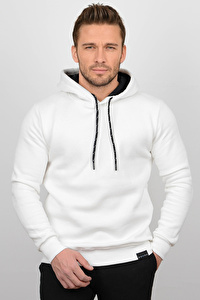 Üç Iplik Şardonlu Pamuklu Kapüşonlu Sweatshirt Beyaz CZN02
