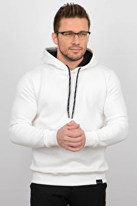 Üç Iplik Şardonlu Pamuklu Kapüşonlu Sweatshirt Beyaz CZN02