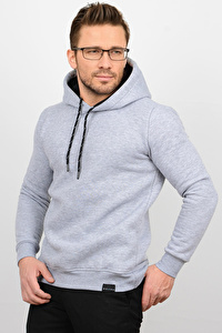 Üç Iplik Şardonlu Pamuklu Kapüşonlu Sweatshirt Gri CZN02