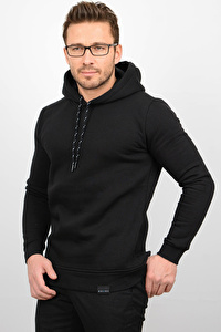 Üç Iplik Şardonlu Pamuklu Kapüşonlu Sweatshirt Siyah CZN02