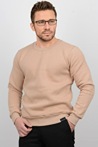Üç Iplik Şardonlu Pamuklu Bisiklet Yaka Sweatshirt Bej CZN01