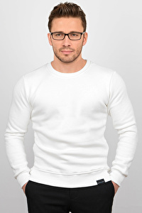 Üç Iplik Şardonlu Pamuklu Bisiklet Yaka Sweatshirt Beyaz CZN01