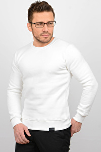 Üç Iplik Şardonlu Pamuklu Bisiklet Yaka Sweatshirt Beyaz CZN01