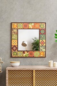 Doğal Ahşap Çerçeveli Antik Limra Taşlı Kare Ayna - 62cm x 62cm - Hazan