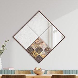 Doğal Ahşap Çerçeveli Antik Limra Taşlı Elmas Şekilli Bizoteli Ayna - 62x62 - Lyon