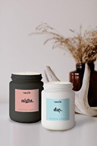 "day & Night" Buzlu Cam Premium Uzun Yanma Süreli, Vanilya Kokulu Kavanoz Dekoratif Mum - 2' Li Set