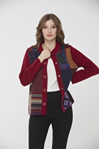 Kadın Dik Yaka Patchwork Yün Ceket Vişne