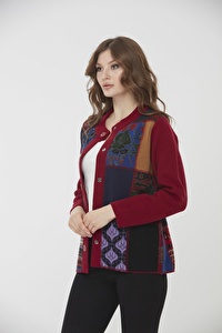 Kadın Dik Yaka Patchwork Yün Ceket Vişne