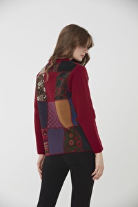 Kadın Dik Yaka Patchwork Yün Ceket Vişne