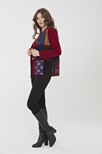 Kadın Dik Yaka Patchwork Yün Ceket Vişne