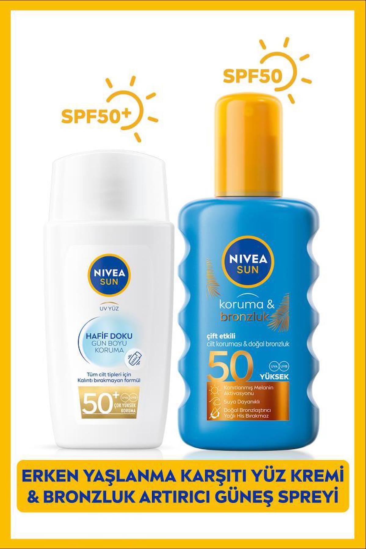 SUN Hafif Dokulu Güneş Yüz Kremi SPF50 40ml ve Koruyucu Bronzlaştırıcı Güneş Spreyi SPF50 200ml