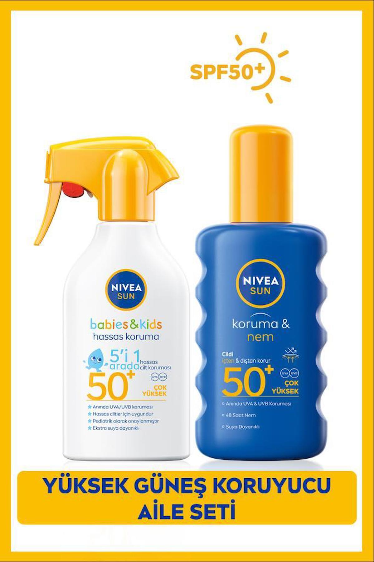 SUN Çocuklar için Hassas Güneş Sprey SPF50 270ml ve Yüksek Güneş Koruyucu Vücut Spreyi SPF50 200ml