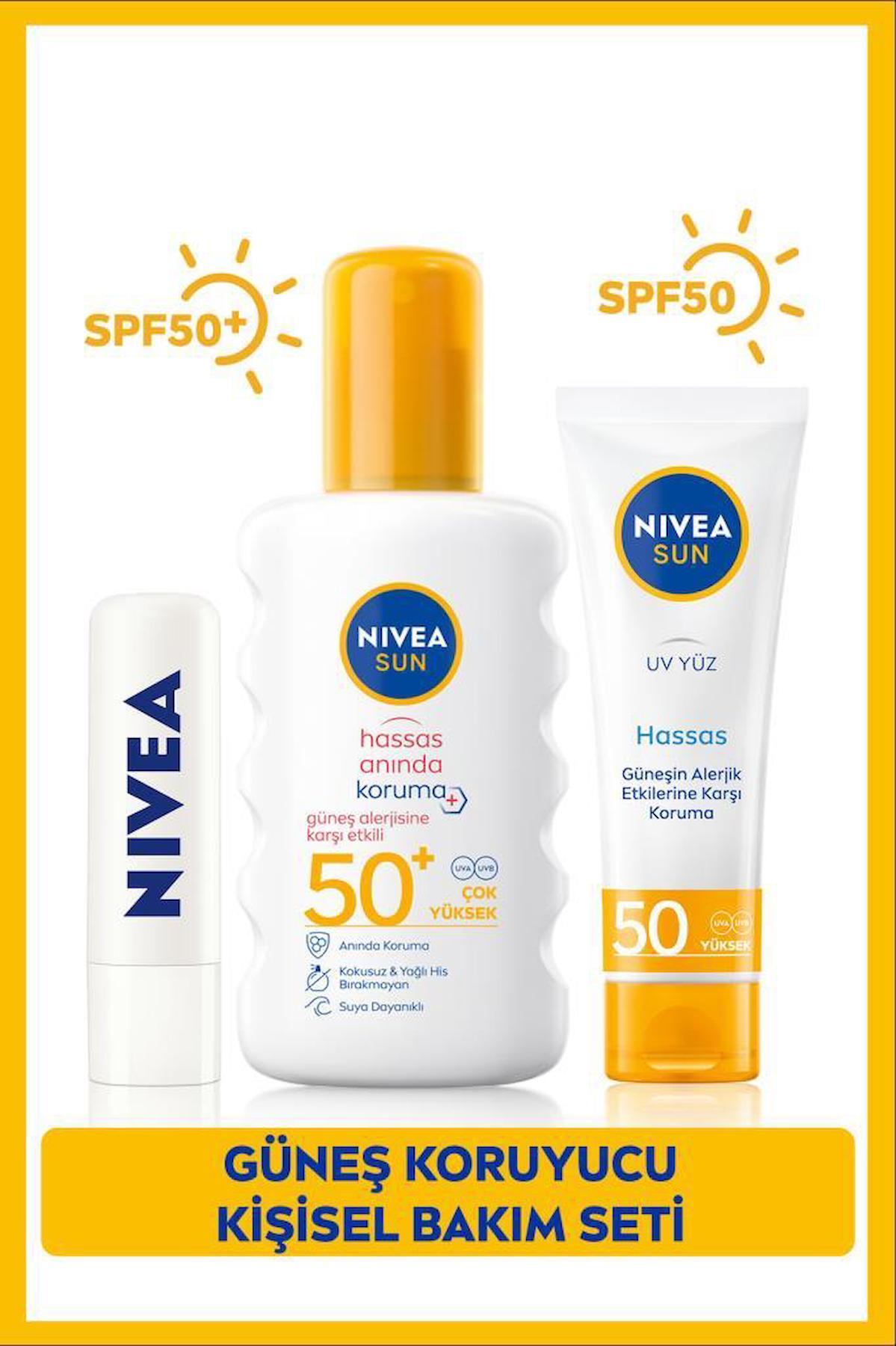 SUN Hassas Güneş Koruyucu Sprey SPF50 200ml, Yüz Güneş Koruyucu 50ml, Renksiz Dudak Bakım Kremi