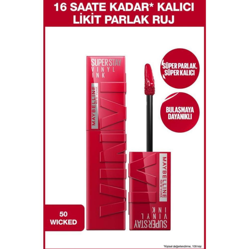 Maybelline New York Super Stay Vinyl Ink Uzun Süre Kalıcı Likit Parlak Ruj 50 Wicked