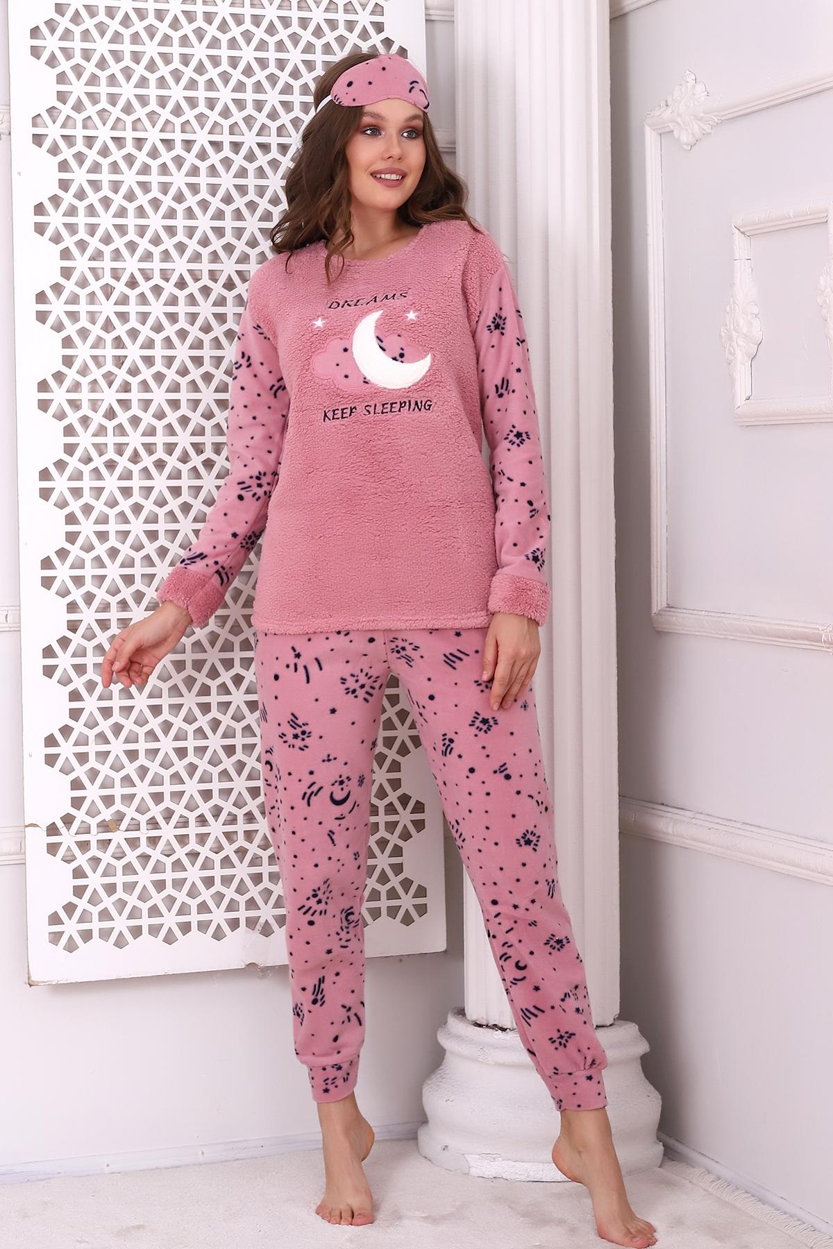 Fawn 3014 Peluş Welsoft Polar Kışlık Ay Desenli Kadın Pijama Takımı