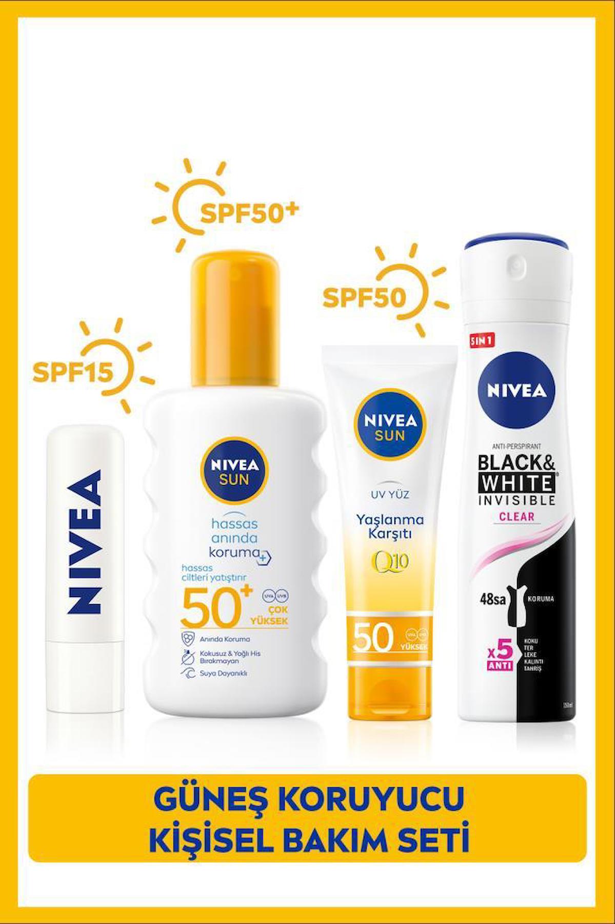 SUN Güneş Koruyucu Sprey SPF50 200ml, Q10 Yüz Kremi 50ml, Dudak Bakım Kremi, Sprey Deodorant 150ml