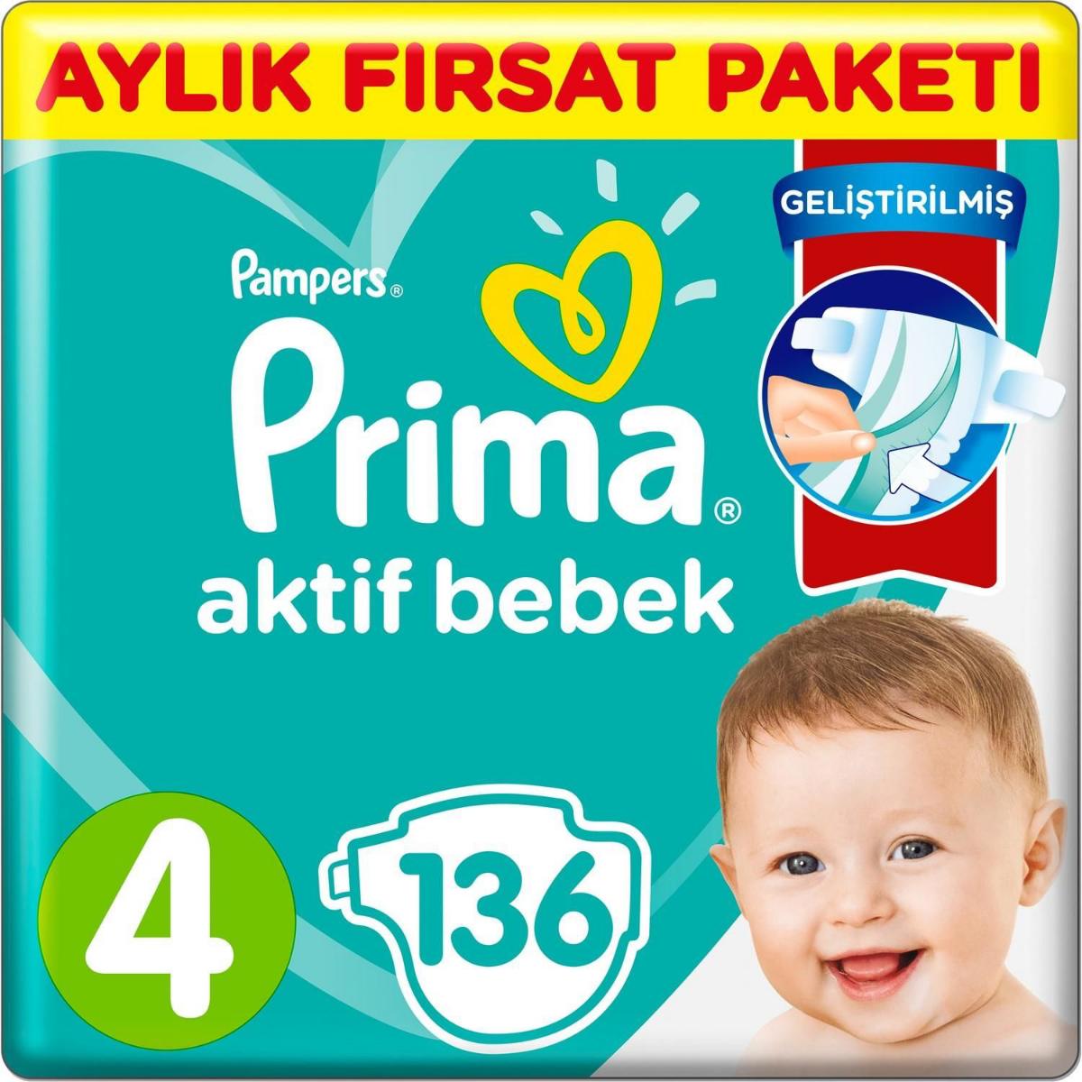 Prima Bebek Bezi Aktif Bebek 4 Beden 136 Adet aylık Fırsat Paketi