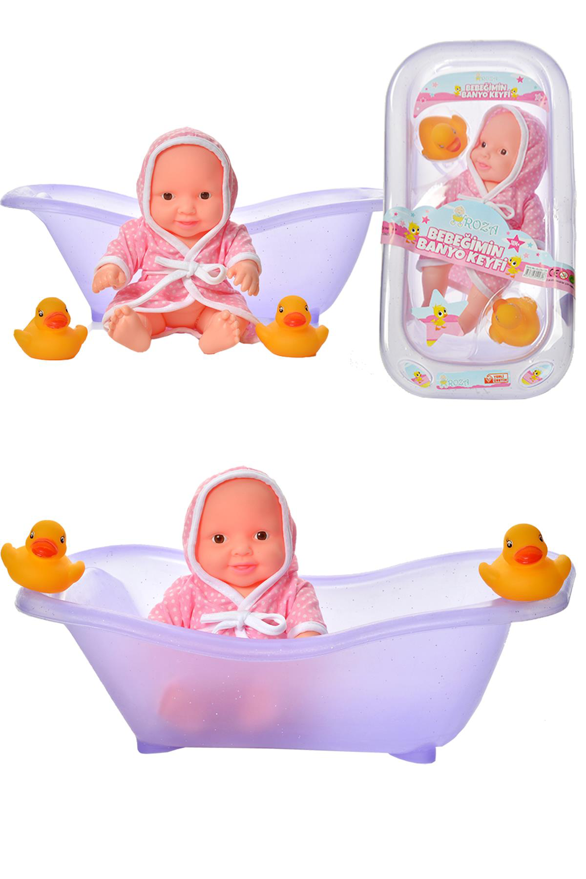 Global Toys Roza Bebeğimin Banyo Keyfi Küvetli-Ördekli Bornoz Setli Et Bebek