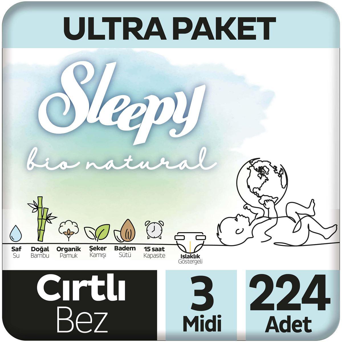Sleepy Bio Natural U ltra Paket Bebek Bezi 3 Numara Midi 224'lü