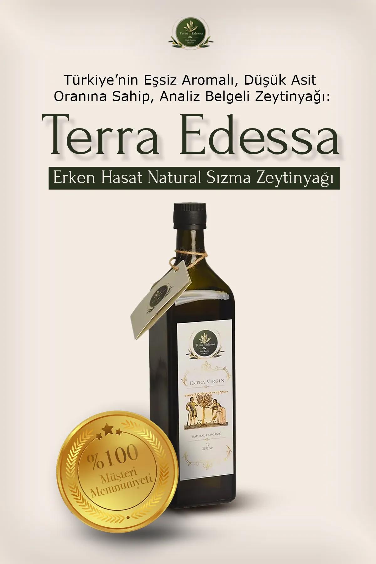Terra Edessa Erken Hasat Soğuk Sıkım Naturel Sızma Zeytinyağı - Türkiye'nin eşsiz aromalı, düşük asit oranına sahip, analiz belgeli ve %100 müşteri memnuniyeti garantili sızma zeytinyağı.