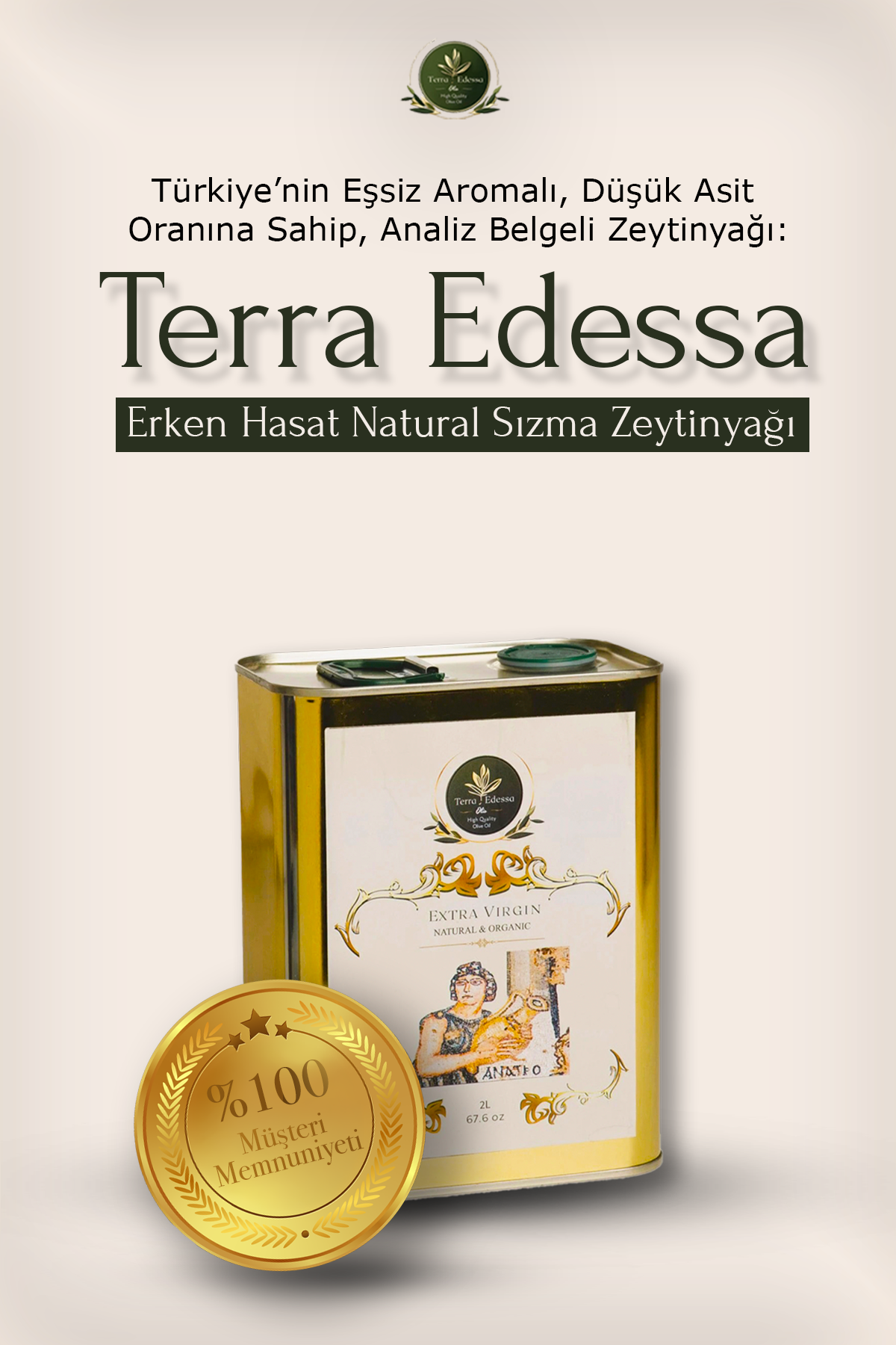 Terra Edessa Erken Hasat Soğuk Sıkım Naturel Sızma Zeytinyağı - Türkiye'nin eşsiz aromalı, düşük asit oranına sahip, analiz belgeli ve %100 müşteri memnuniyeti garantili sızma zeytinyağı.