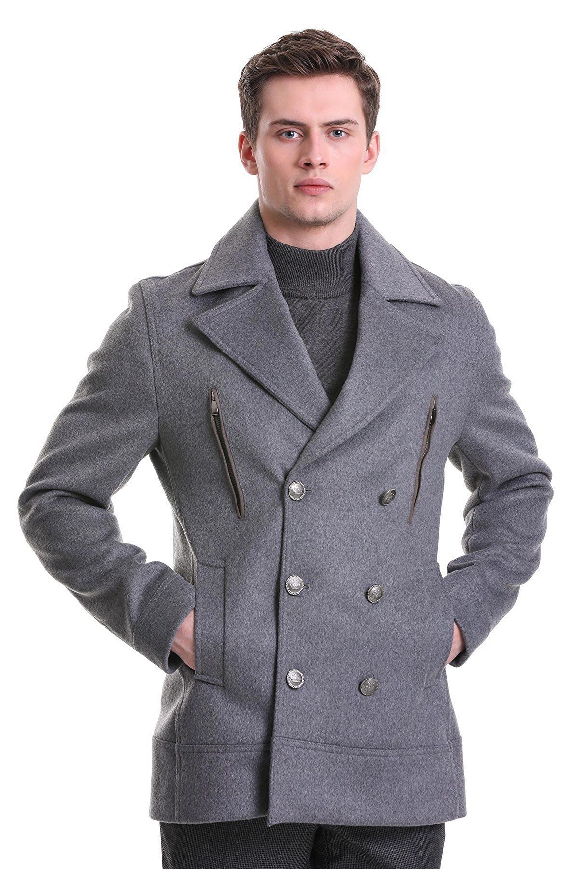 Gri Slim Fit Kruvaze Yünlü Kaşe Kaban | XXL