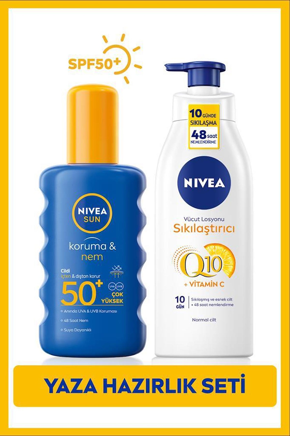 SUN Yüksek Güneş Koruyucu Sprey SPF50 200ml, Q10 Sıkılaştırıcı Vücut Losyonu 200ml, C Vitamini