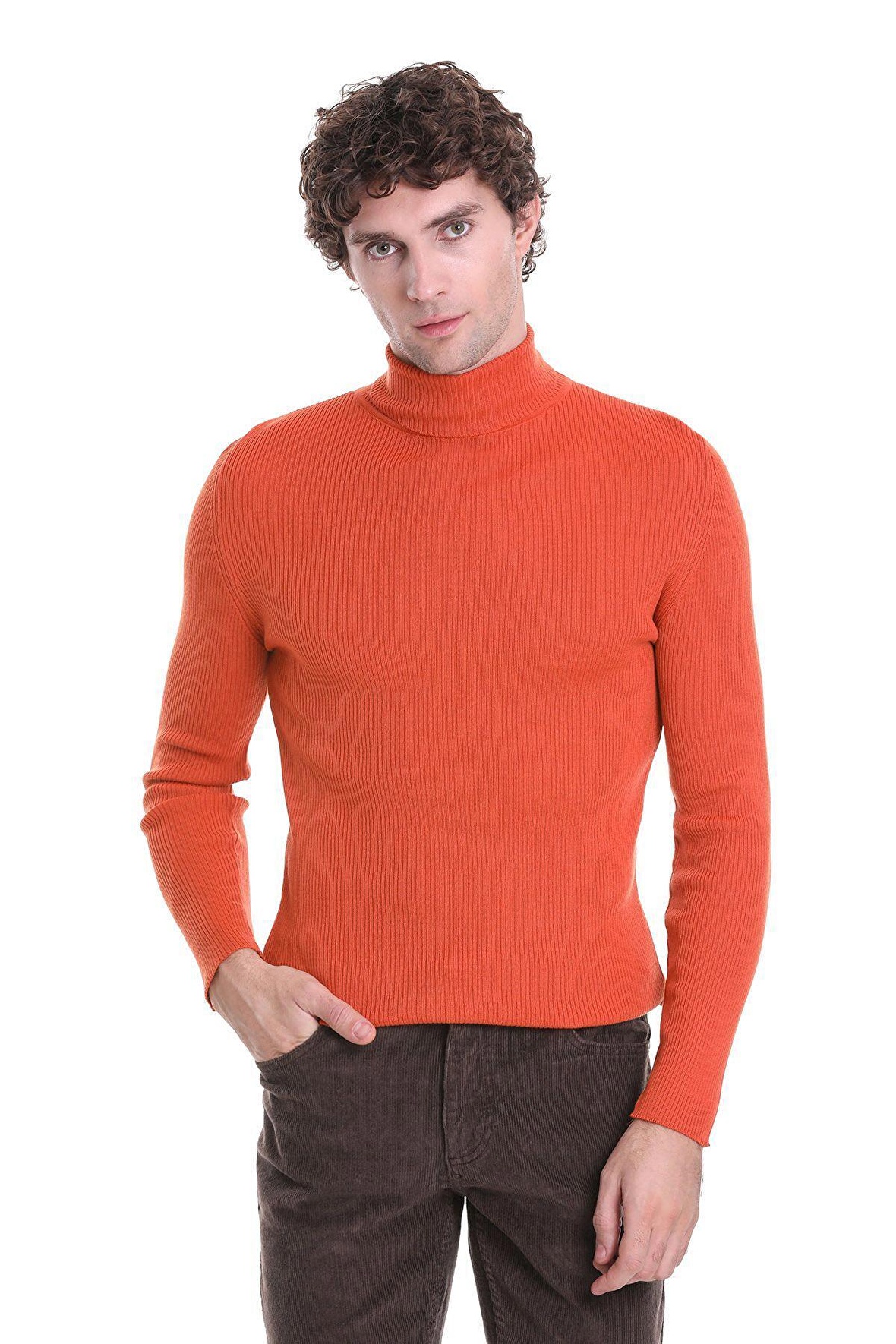 Turuncu Slim Fit Fitilli Balıkçı Yaka Yünlü Triko Kazak | XXL