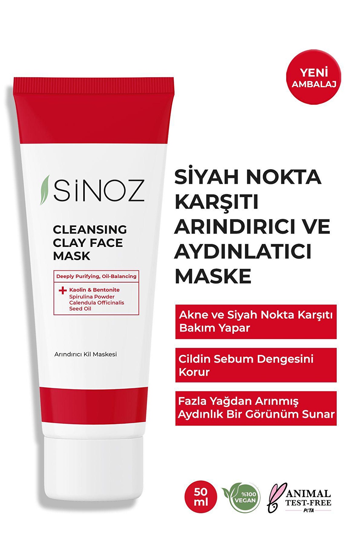 Sinoz Akne Ve Siyah Nokta Karşıtı Arındırıcı Yüz Bakım Kil Maskesi 50 ml Tüm Ciltler Için