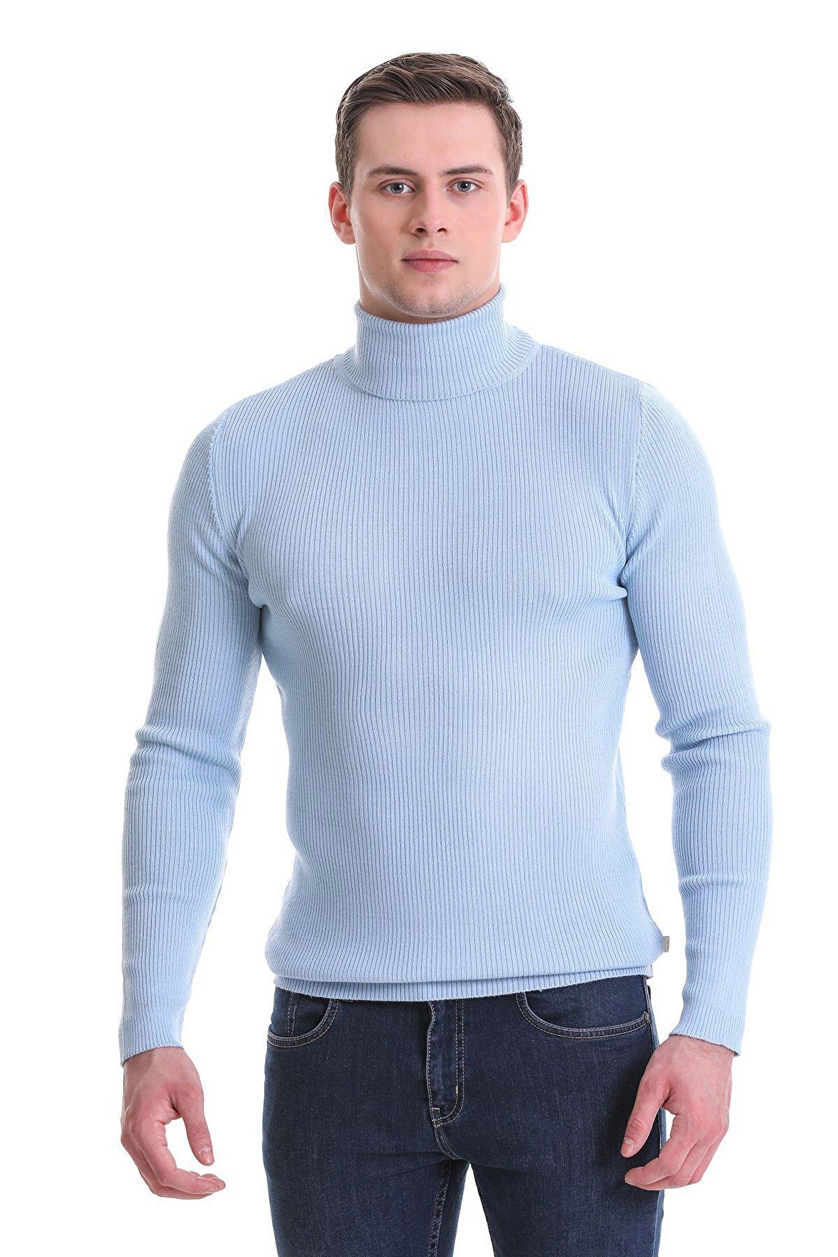 Mavi  Slim Fit Fitilli Balıkçı Yaka Yünlü Triko Kazak | L
