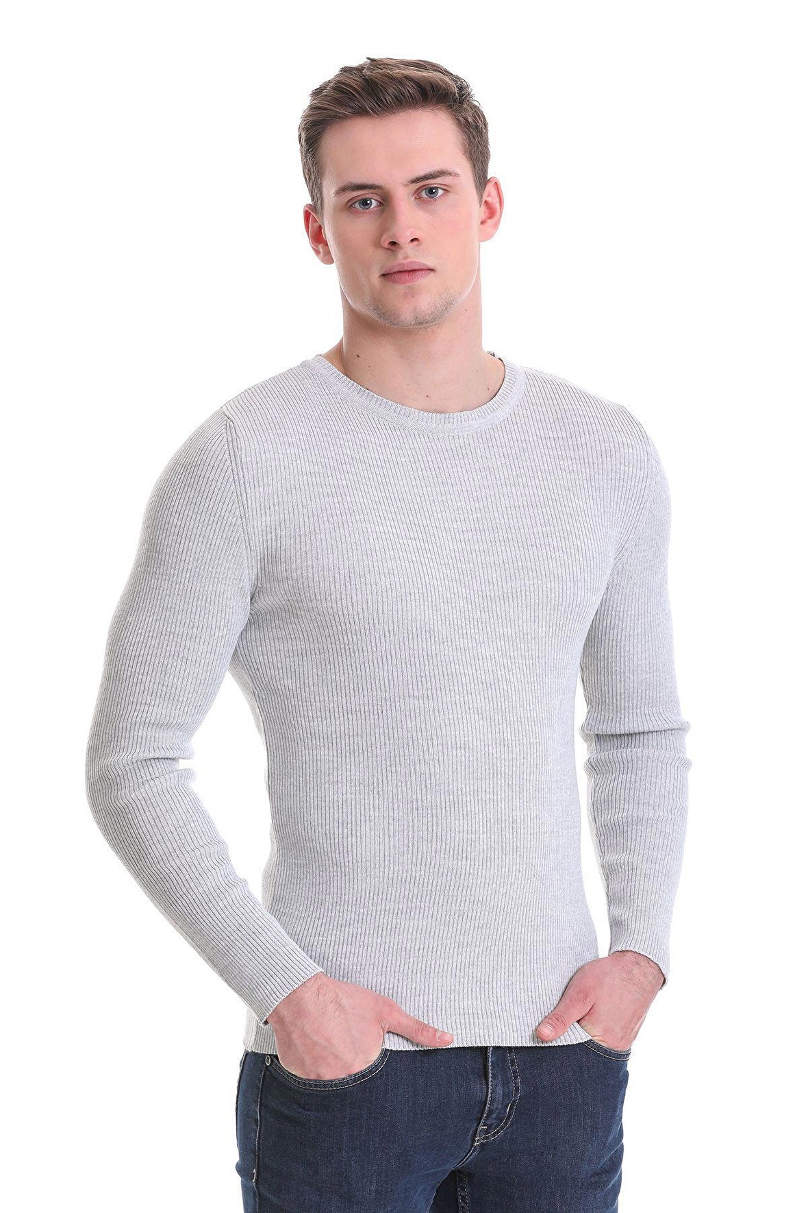 Gri Slim Fit Fitilli Bisiklet Yaka Yünlü Triko Kazak | M