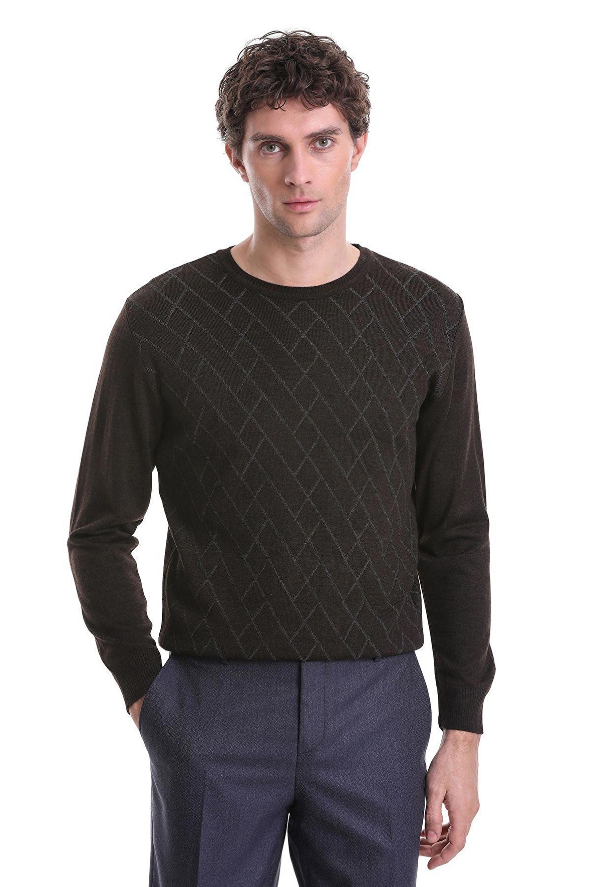 Kahverengi Regular Fit Jakarlı Bisiklet Yaka Yünlü Triko Kazak | XL