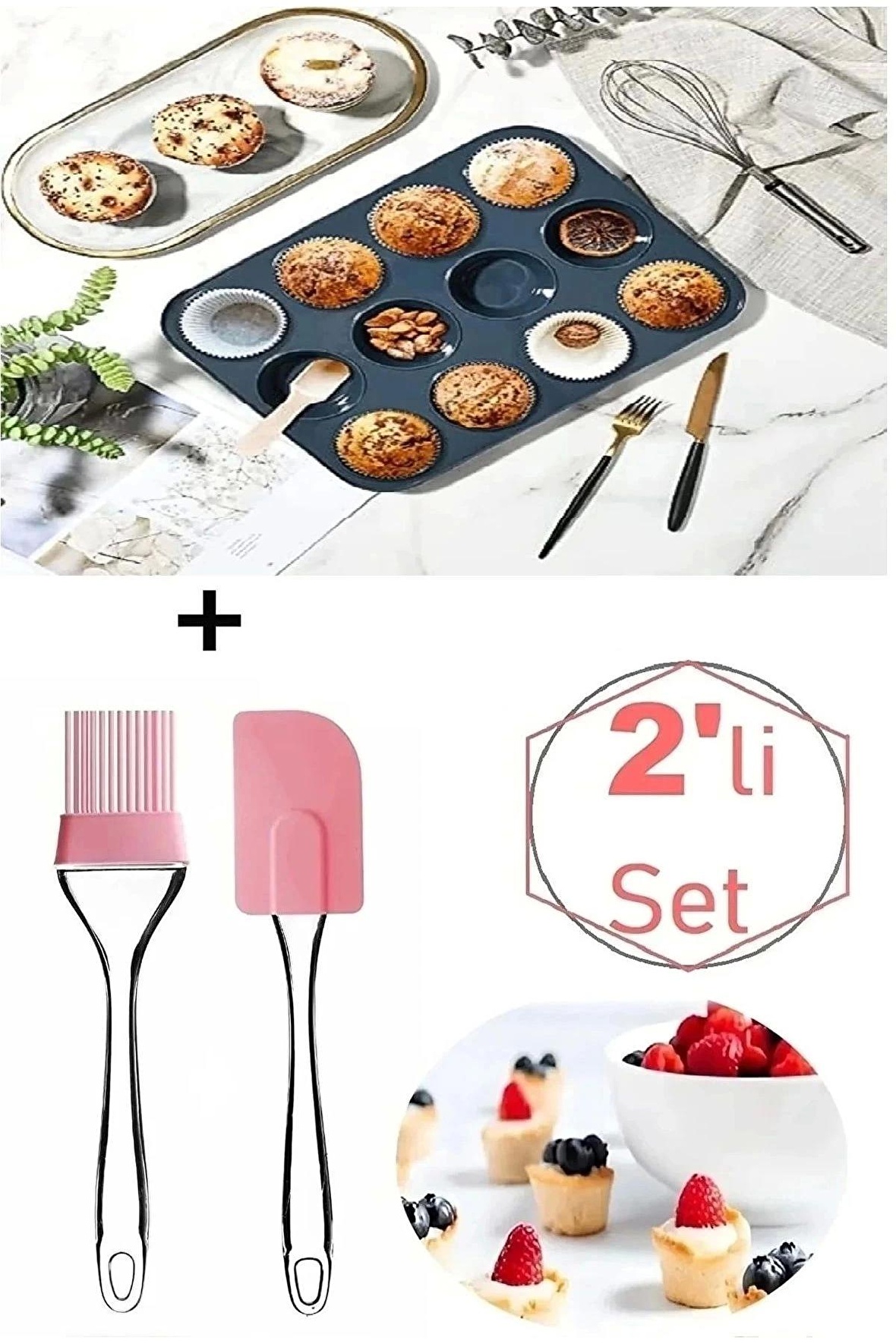 12 Lİ Muffin Mini Kek Kalıbı Cup Fırça Spatula Set Pasta Kek Çörek Hazırlama Pişirme 2 Li Set