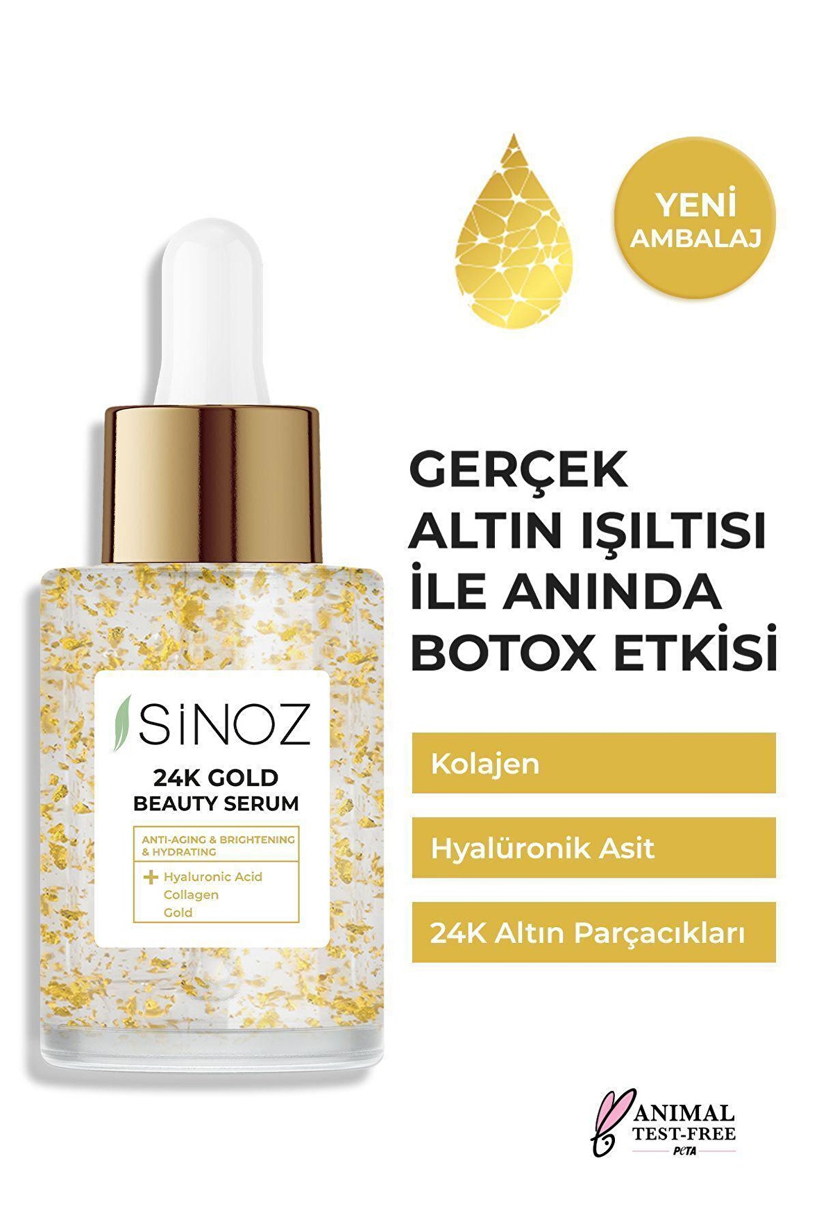 Sinoz 24k Altın Parçacıklı Hyaluronik Asit Içeren Kırışıklık Karşıtı Kolajen Cilt Bakım Serum 30 ml