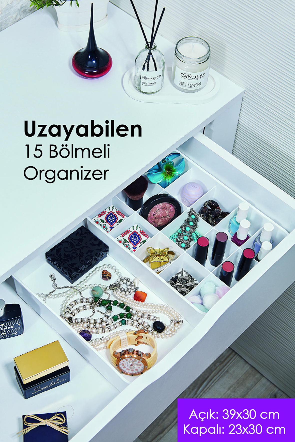 Uzayabilen Ayarlanabilen 15 Bölmeli Çekmece Içi Düzenleyici Organizer Beyaz Renk