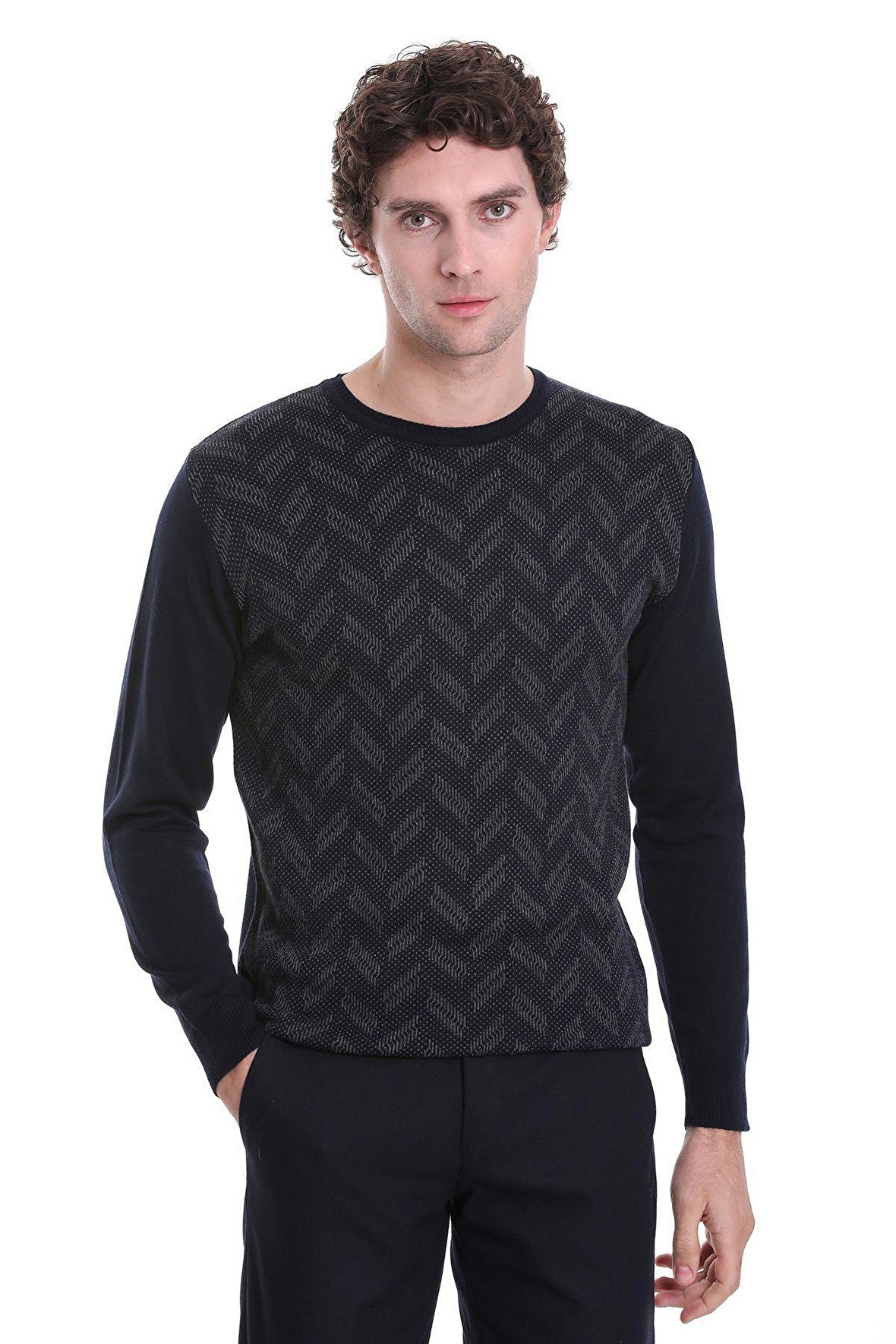 Lacivert Regular Fit Jakarlı Bisiklet Yaka Yünlü Triko Kazak | XL
