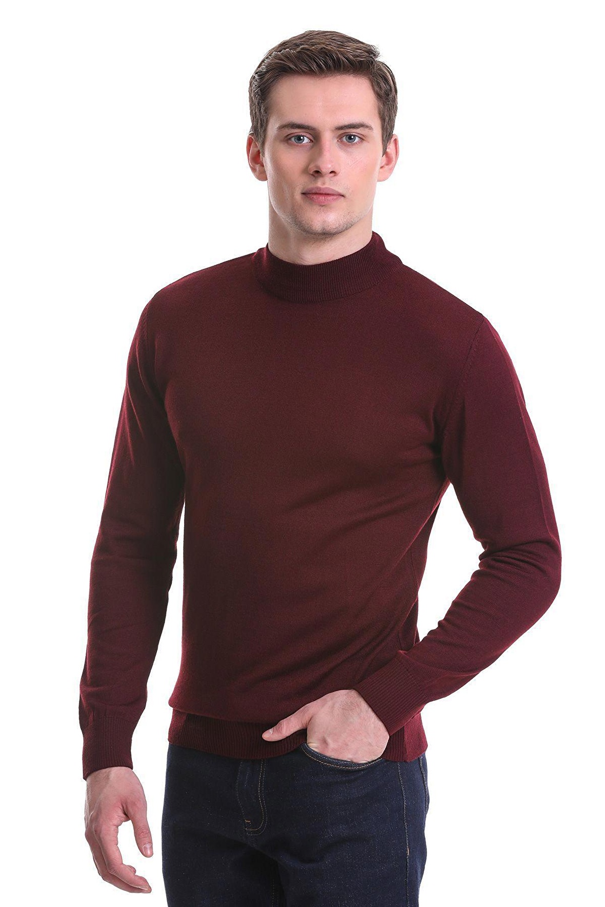 Bordo Regular Fit Düz Yarım Balıkçı Yaka Yünlü Triko Kazak | S
