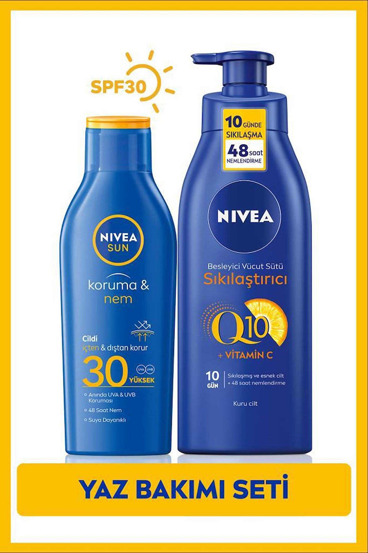 SUN Güneş Koruyucu Nemlendirici Losyon SPF30 200ml, Q10 Sıkılaştırıcı Vücut Sütü 400ml, C Vitamini